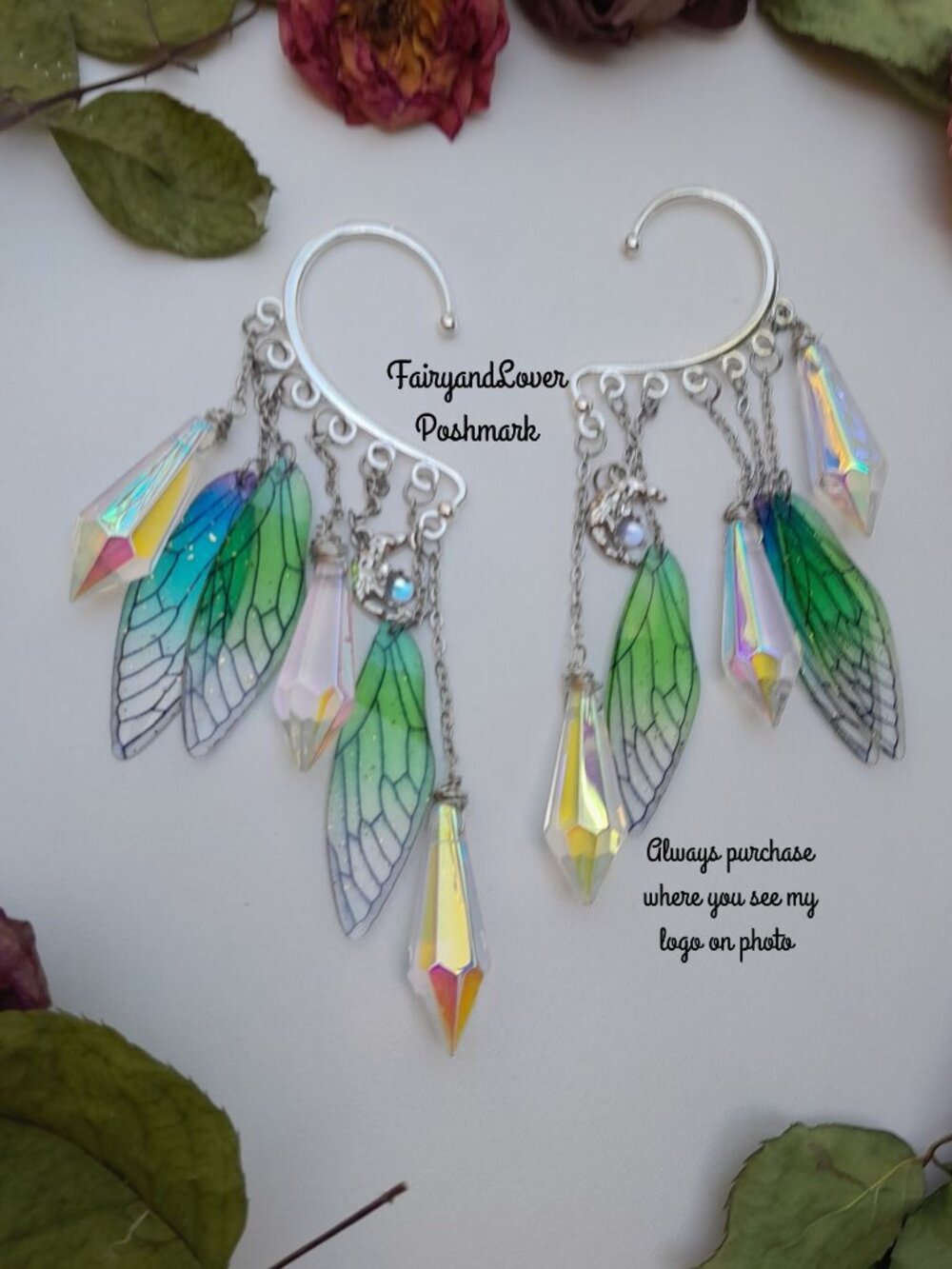Fairy wing chandelier prism glass ear cuff earrings, fairy costume accessory